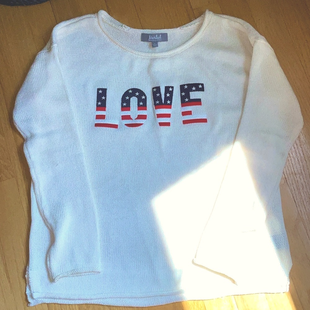 Marled Cream Crew Neck Sweater with Americana Love Graphic - Picture 6 of 15